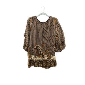 NWT C.O.C. Womens Brown Paisley Print Blouse Flutter Dolman Sleeve Tie Waist 1X